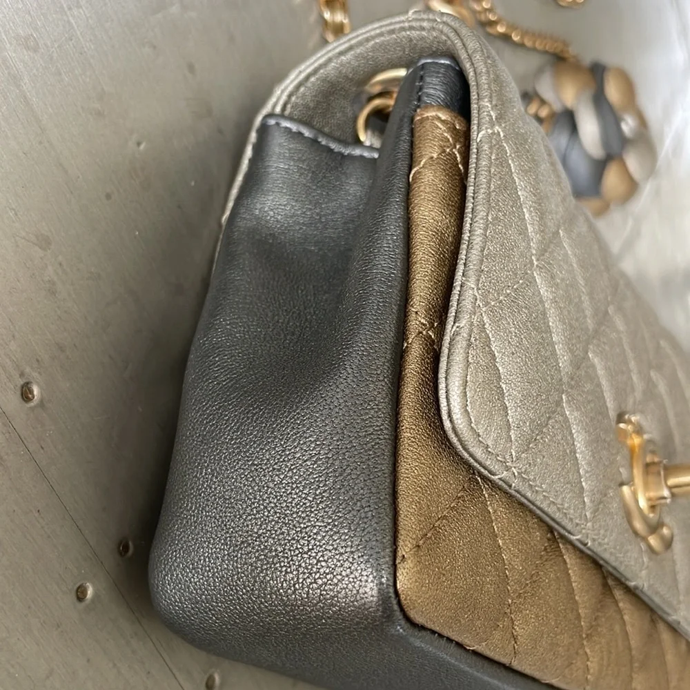 Chanel mini square quilted camellia two toned flap bag 17a bronze silver gold